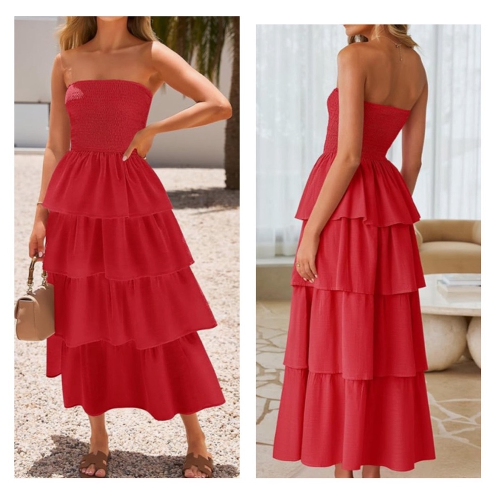 Elegant Red Strapless Tiered Dress